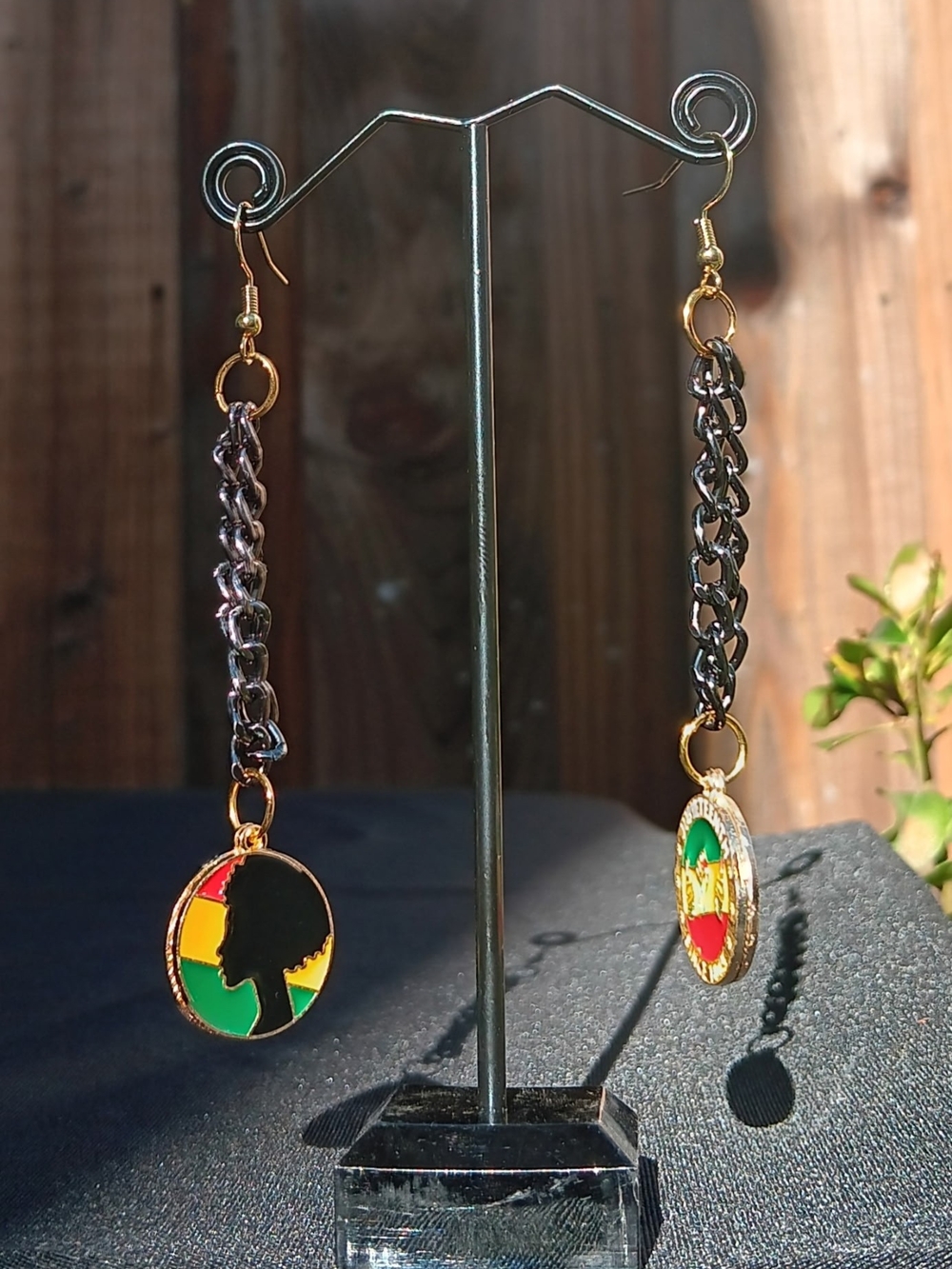 Hand Made Gold, Black and Rasta Profile Drop Earrings